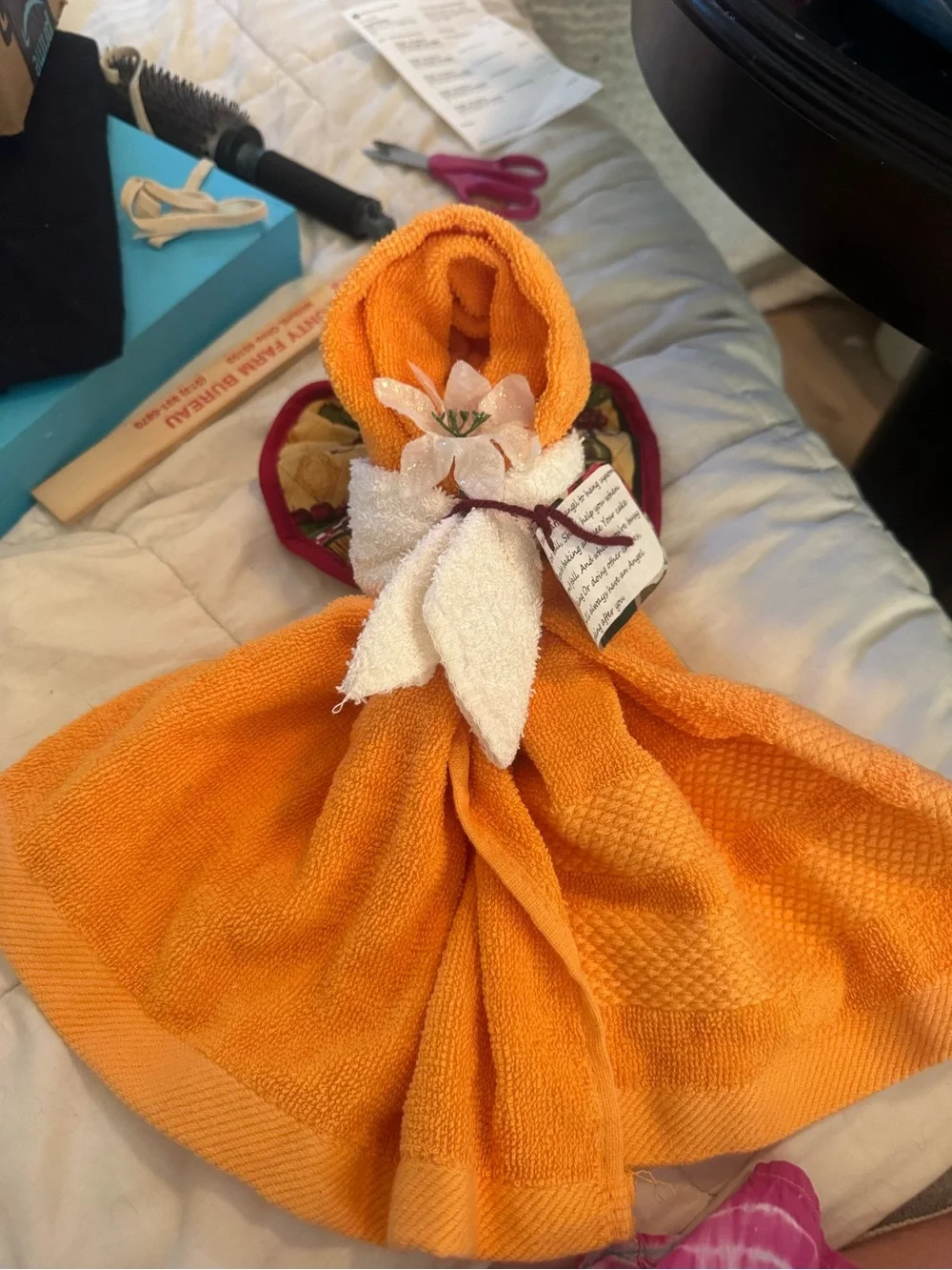 Hand Towel Dress with White Bow and Flower Accent - Orange